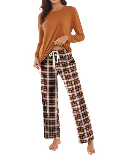 Ekouaer Womens 2 Piece Pajama Set Long Sleeve PJs with Plaid Pants Drawstring Elastic Waist Sleepwear Lounge Set