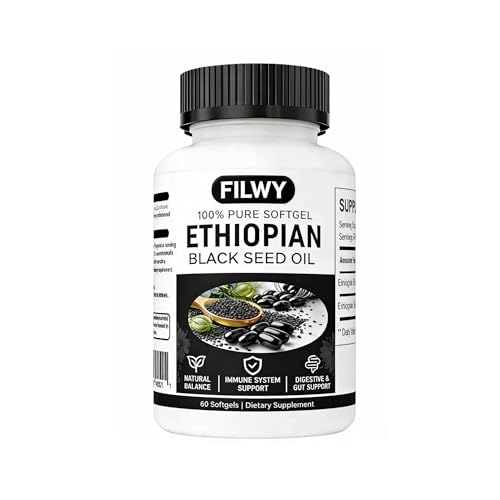 FILWY Ethiopian Black Seed Oil Capsules with 4.64% Thymoquinone, Immune Support & Digestion & Energy Booster, Non-GMO, Gluten-Free（60 Capsules）