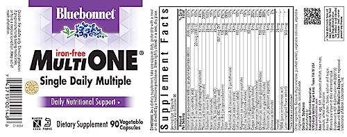 Bluebonnet Nutrition Multi One (Iron Free) Vegetable Capsules, Complete Full Spectrum Multiple, B Vitamins, General Health, Gluten & Milk Free, Kosher, 3 Month Supply, White, 90 Count #TOP6