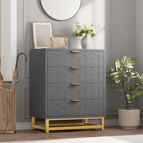Grey Dresser, 4 Drawer Dresser for Bedroom, Modern Dressers with Gold Metal Handles for Living Room, Hallway, Entryway