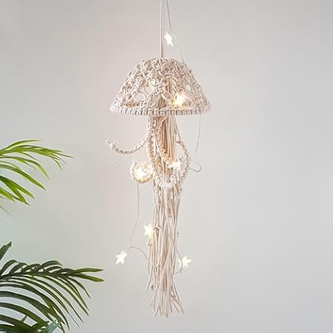 BYVUTE Jellyfish Wall Hanging, Art Decor Handmade Woven Boho Ornament Ocean Fish Wall Tapestry Macrame Hanger, for Office Bedroom Apartment Living Room Nursery Gallery (White) Cover