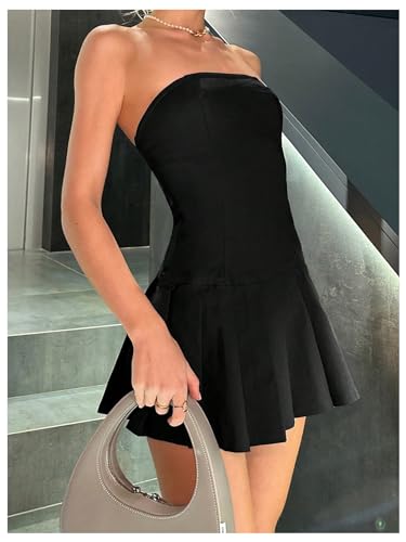 SOLY HUX Women's Pleated Tube Dress Strapless Sleeveless A Line Mini Dresses3