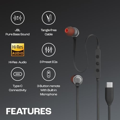 Image of Original Type C Earphone for JBL Tune 310 C with Hi-Res Certified Sound, 3-Button Control and Durable Flat Cable (Black /Grey)