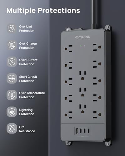 Image of TROND Power Strip Surge Protector 10ft Cord, 4000J, 4 USB, ETL Listed,Black