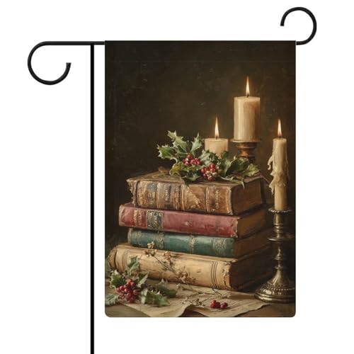 Bandera de jardín con libros vintage con muérdago de acebo, arpillera de doble cara, banderas exteriores de 12 x 18 pulgadas