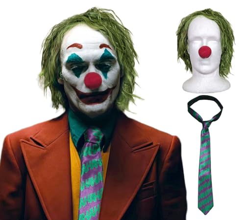 HandinHandCreations Joker Clown Costume Kit Green Wig HaHa Tie & Red Clown Nose Set for Halloween Cosplay & Parties