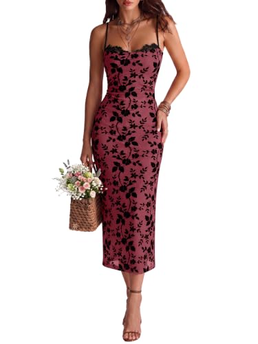ANRABESS Women's Semi Formal Bodycon Floral Midi Dresses,Burgundy,M