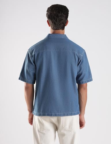 Image of INKD Men's Casual Denim Shirt - 100% Cotton | Half Sleeves | Oversized Fit | Single Patch Pocket | Resort Collar