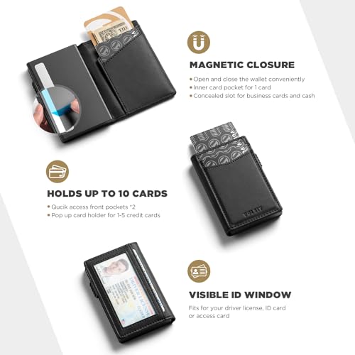 VULKIT Men's Wallet with ID Window Premium Leather Wallets RFID Blocking Minimalist Wallet Pop Up Card Holder Magnetic Closure3