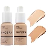 BestLand 2Pack PHOERA Foundation Full Coverage Liquid Foundation Cream - Long-lasting Lightweight Concealer - Oil-Free Formula - Natural Shade - Suitable for All Skin Types (102 Nude & 104 Buff Beige)