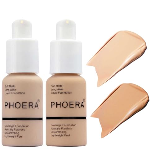 BestLand 2Pack PHOERA Foundation Full Coverage Liquid Foundation Cream - Long-lasting Lightweight Concealer - Oil-Free Formula - Natural Shade - Suitable for All Skin Types (102 Nude & 104 Buff Beige)