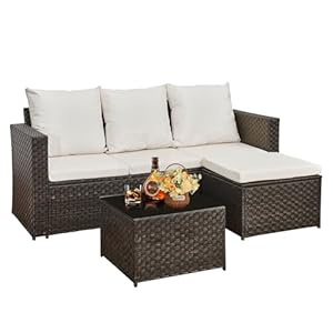 AOUXIN 3-Piece Rattan Garden Furniture Set, Outdoor Sectional Sofa with Coffee Table, Black Wicker, White Cushions