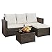 AOUXIN 3-Piece Rattan Garden Furniture Set, Outdoor Sectional Sofa with Coffee Table, Black Wicker, White Cushions