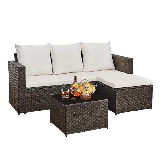 AOUXIN 3-Piece Rattan Garden Furniture Set, Outdoor Sectional Sofa with Coffee Table, Black Wicker, White Cushions