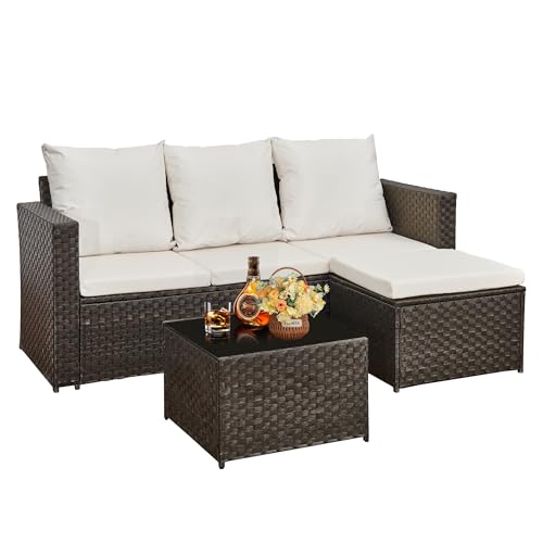 AOUXIN 3-Piece Rattan Garden Furniture Set, Outdoor Sectional Sofa with Coffee Table, Black Wicker,...