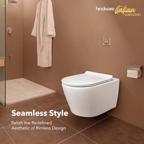 Image of Hindware Italian Collection Splendor Neo Western Commode for Bathroom|Made of Ceramic|Dual Flushing Water Saving|Duroplast Seat Cover|Rimless|Soft Close|Star White|Geometric Shape|Wall Mount