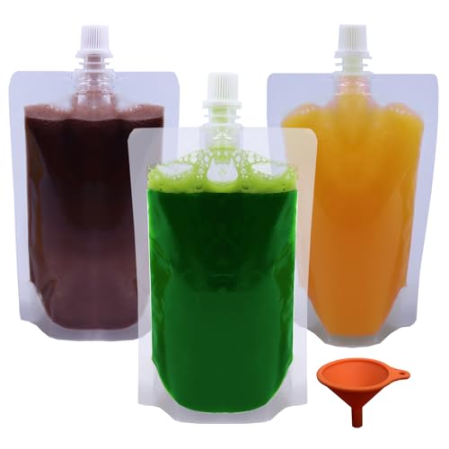Yelinosk 20Pack Clear Drink Pouches 500ml with caps and Funnel for Festivals Leak Proof Alcohol Juice Liquid Pouches Bags Beverage Bags Plastic Hip Flask for Parties Picnic Travel Sports