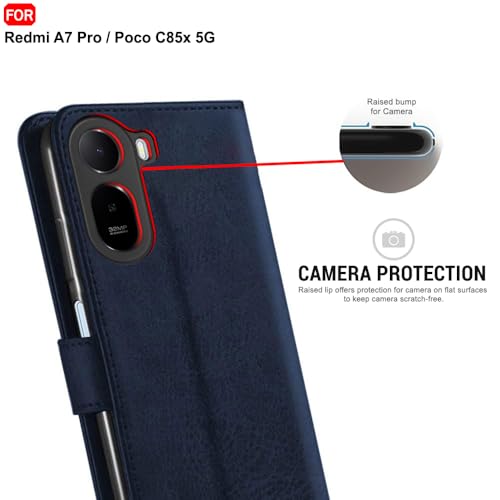 Image of TheGiftKart Genuine Leather Finish Flip Back Cover Case for Mi Redmi A7 Pro /Poco C85x 5G / C81 | Inbuilt Pockets & Stand | Designer Button Magnet Flip Back Cover Case (Faux Leather, Blue)