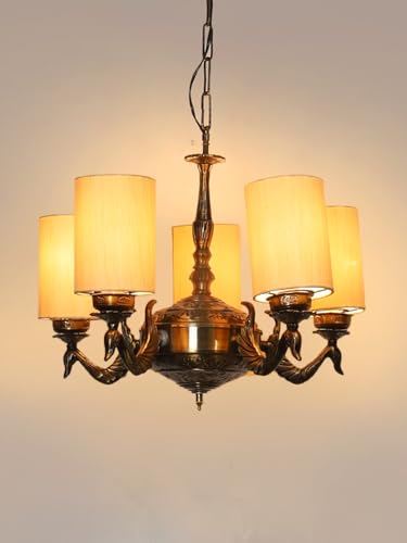 Image of Devansh 05-Light Conical Off-White Cotton Shade Chandelier - Antique Golden Finish | Adjustable Cord | Warm Glow Lamp - Ceiling Light for Living Room, Dining Area, Bedroom & Entryway Decor - D2