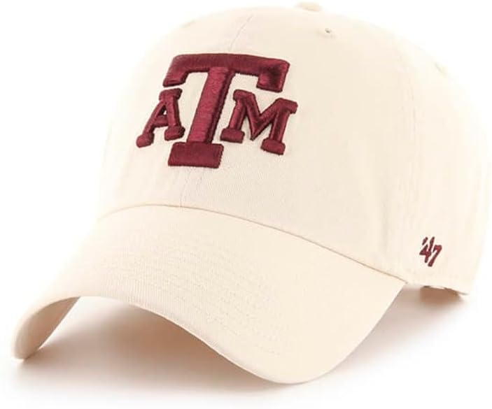 47 Texas A&M Aggies Hat Mens Womens Clean Up Adjustable Cap, Cream/Natural White, Maroon Logo