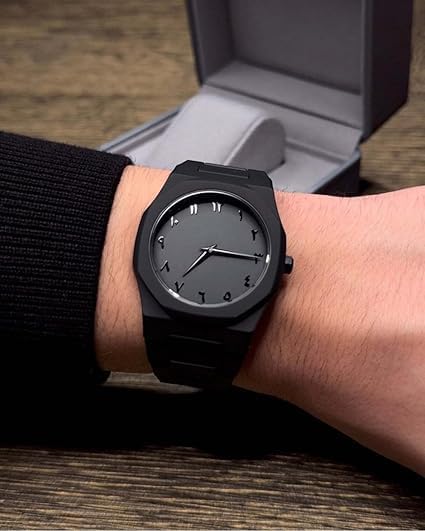 Image of Men's Luxury Aura Black Arabic Numeral Watch - Matte Black Analog Wristwatch with Eastern Arabic Dial - Modern Minimalist Waterproof Timepiece, Black Watch for Men