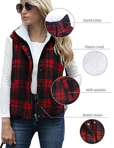 Zilcremo Women Winter Buffalo Plaid Jacket Vest Padding Vests Sherpa Fleece Zip Up Quilted Gilet Coat Red S #TOP4
