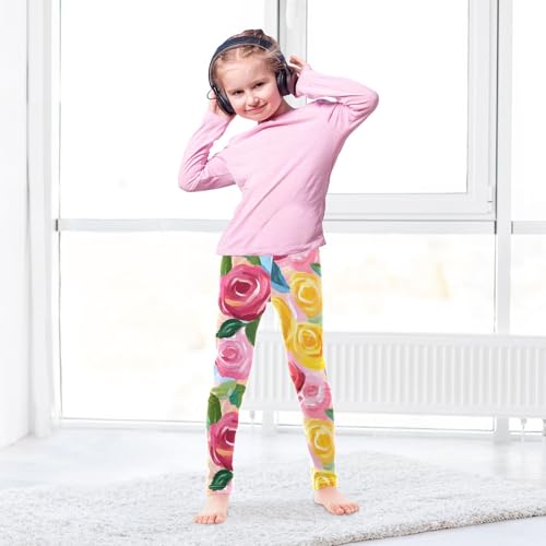 Rose Watercolor Painting Red Yellow Girls Leggings Soft Stretch Workout Yoga Dance Pants for Kids Casual Tights4