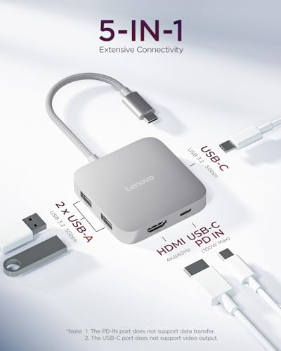 Image of Lenovo USB-C 5-in-1 Travel Hub, 90W Power Delivery, 4K 60Hz HDMI, Dual USB-C and USB-A Ports, Plug and Play, Compact, Silver Grey