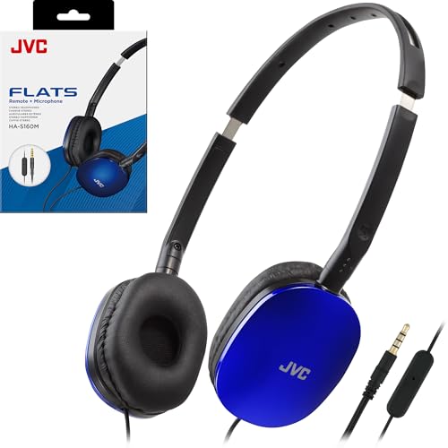 Image of JVC Blue Flat Foldable Colorful Flats On Ear Headphones with Remote and Microphone, 3.94 Foot Gold Plated 3.5mm Slim Plug - HAS160MA, Adjustable