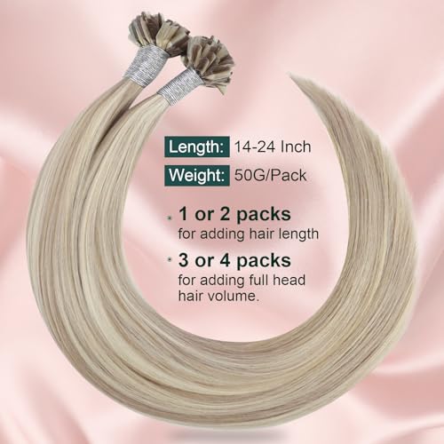 Image of Easyouth Blonde U Tip Hair Extensions, 14 Inch 50G 50S, Real Human Hair Highlights Ash Blonde with Bleach Blonde, Ktip Human Hair Extension, Invisible for Add Volume