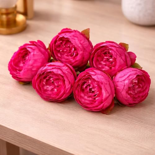 Image of SATYAM KRAFT 6 Pcs Artificial Rose Flower Heads, Big Fake Flowers,Pooja Thali Decor, Festival & Events, Home,Table, Bedroom,Wedding Decoration Items (6 Pieces) (Dark Pink)
