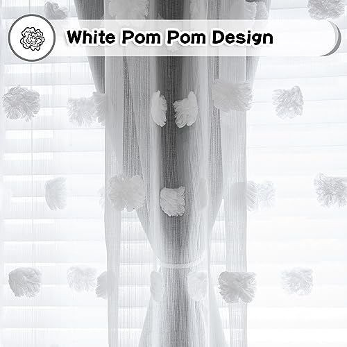 Image of MYSKY HOME 90 Inch Long Grey Curtains for Living Room Double Layer Blackout Curtains for Boys Bedroom White Pom Pom Sheer Curtains for Kids Room Darkening Grommet Top Nursery Window Panels 52 x 90 in