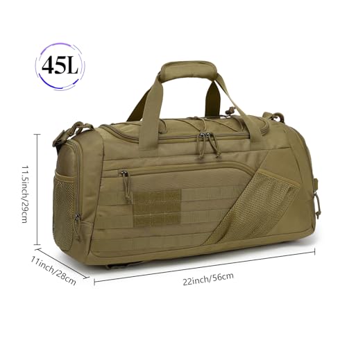 Image of 3-in-1 Tactical Gym & Travel Duffle Bag Backpack Men Multi-Functional 45L Military Sports Duffle Bag with Shoe Compartment & Wet Pocket for Workout Weekender Overnight Bag with Molle Webbing, Brown