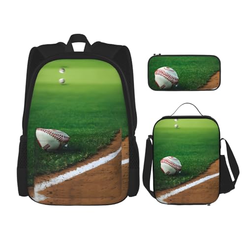 Grass Baseball Softball Print 3 Piece Set Backpack, Lunch Bag, Pencil Case, Cute Sturdy For College And Travel