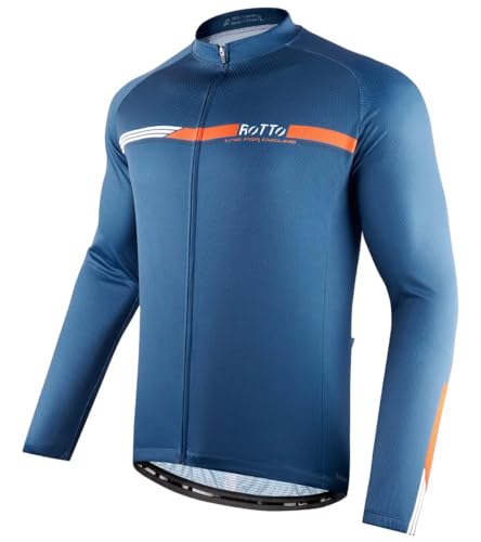 ROTTO Herren Radtrikot Fahrradtrikot Langarm Rennrad Trikot mit Rückentaschen Streifen Serie