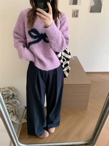 Image of Women's Y2K Bow Print Cropped Sweater Casual Loose Fit Pullover Tops Long Sleeve Crew Neck Chunky Knit Jumpers