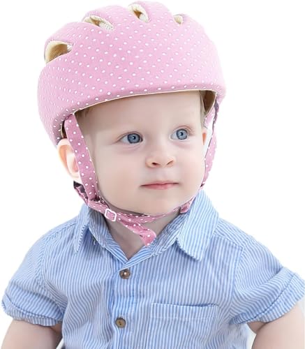 Giawkca 子供ヘルメット 赤ちゃんヘッドギア 室内 軽量 綿 通気 吸汗 歩行 つまずきガード 保護帽 ベビー 新生児 頭部保護 衝撃緩和 転倒 けが ごっつん防止 頭ガード あご紐タイプ マジックテープ 男女兼用 ピンク (ピンク)