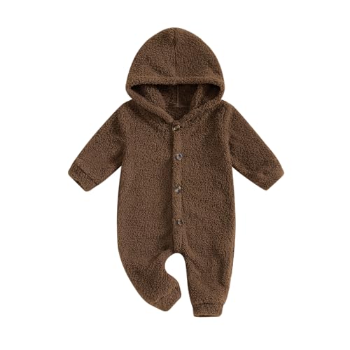 Newborn Baby Girl Boy Fleece Hooded Snowsuit Jumpsuit Button Long Sleeve One Piece Romper Outwear Baby Winter Outfits (Brown, 6-9 Months)