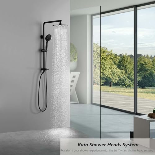 Sistema de ducha de lluvia negro mate con rociador de mano, sistema de ducha expuesto SonTiy con soporte ajustable en altura, brazo de ducha ajustable 360°, manguera de 72 pulgadas para toda la familia miniatura 2