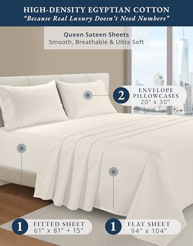 Image of LANE LINEN Queen Size Sheets Deep Pocket Egyptian Cotton Sateen - Sea Salt | Black Sheets Queen - 4-Piece Set, For A Luxurious Night's Sleep, For Guests And Everyday Use, Guest-Ready Comfort