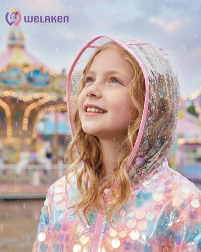 Image of WELAKEN Girls Sequin Raincoat Waterproof Reusable Hooded Outwear Rain Jacket with Lining,rainbow,6-7Y