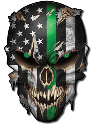 Image of Military Sticker - Thin Green Line Premium Skull Stickers for Trucks and Cars - American Flag Stickers with White Reflective Eyes Skull