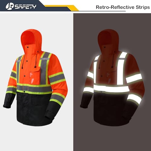 Image of JKSafety Hi Vis Rain Jacket for Men Women Class 3 Rain Gear OBlack 3XL | Hi Vis Waterproof 150D Oxford Rain Suit Breathable Mesh Lining 7 Reflective Strips for Outdoor Work in low-light environment