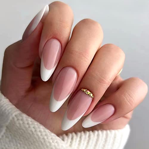 Medium French Tip Press on Nails Almond Fake Nails with Rhineston...