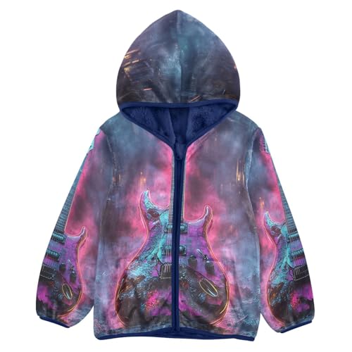 Guitar with Neon Lights Toddler Fleece Jacket Girl Boys Hooded Fleece Jacket Coat Warm Outwear Zip-up 3-10T