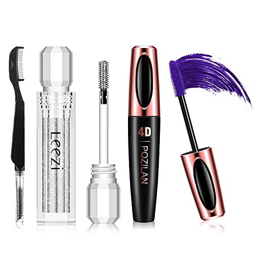 4D Silk Fiber Lash Mascara with Eyelash Comb, Purple Color & Glitter Eyelash Macara Waterproof Long Lasting, Thickening and Lengthening, All Day Exquisitely, Natural & Non-Toxic (Purple)