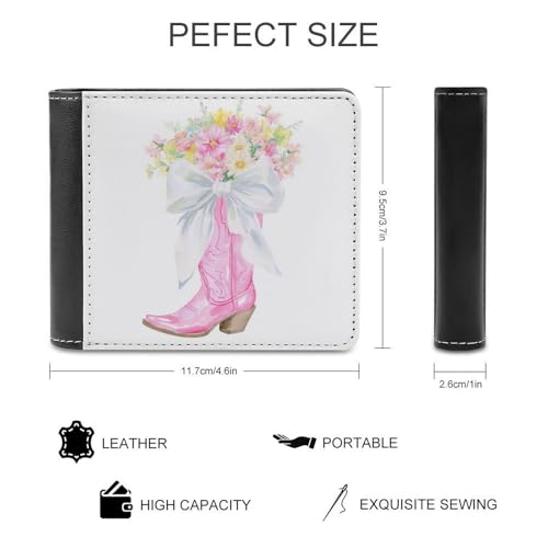 Pink Cowgirl Boot Flowers White Bow Soft PU Leather Bifold Wallet, Coin Purse Credit Pass Case, Durable Card-Holder Slim Billfold for Men Woman Money Storage2