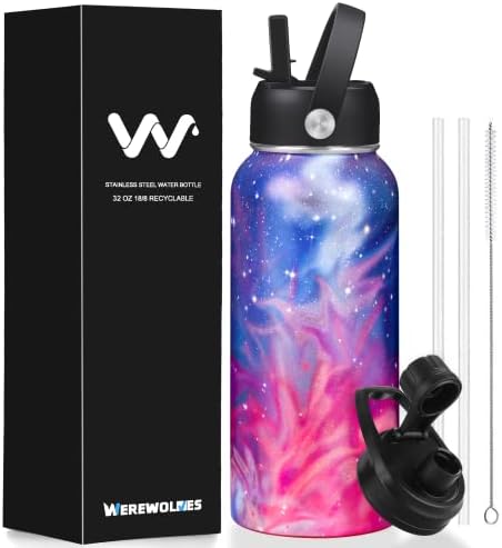 WEREWOLVES 32oz Personalized Insulated Water Bottle with Straw & Spout Lid,Stainless Steel Metal Bottles, Reusable Vacuum Leak Proof Wide Mouth Bottles for Adults (Bright Stars-without Handle, 32oz)