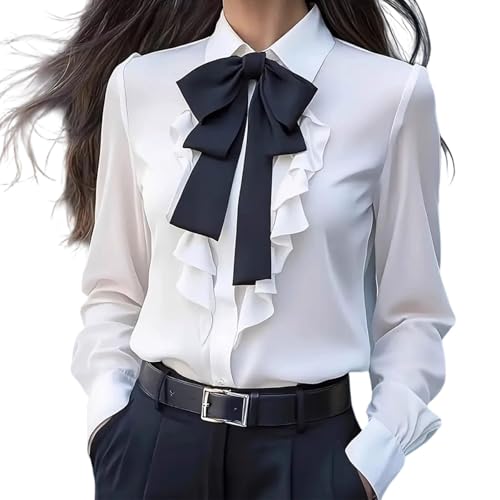 Women Bow Tie Neck Blouse Elegant Loose Button Down Ruffle Trim Shirts Long Sleeve Lapel Collar Dressy Business Tops White