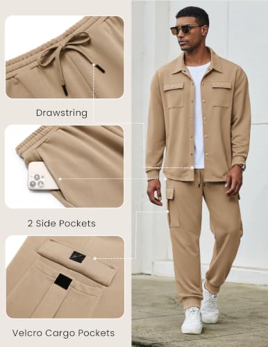 COOFANDY 2 Piece Set for Men Cargo Jacket Tracksuit Athletic, Khaki, Medium - image 6